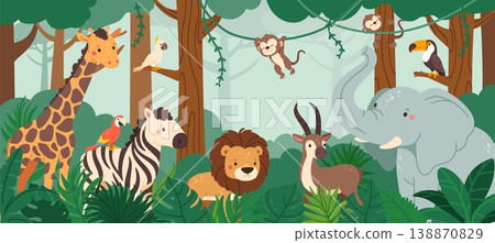 Jungle scene. Wild animals in forest. African wildlife with giraffe, elephant, lion, monkey, bird, zebra in tropical environment. Vector nature landscape Jungle scene. Wild animals in forest. African wildlife with giraffe, elephant, lion, monkey, bird, zebra in tropical environment. Vector nature landscape 138870829