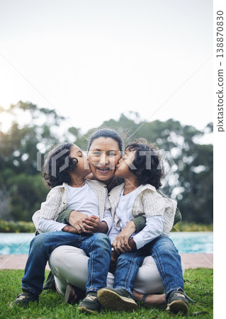 Park, kiss and portrait of mother and children for bonding, quality time and affection outdoors together. Happy family, relax and kids with mom in nature embrace for care, loving relationship and joy Park, kiss and portrait of mother and children for bonding, quality time and affection outdoors together. Happy family, relax and kids with mom in nature embrace for care, loving relationship and joy 138870830