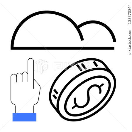 Cloud computing, digital payment, fintech, data storage, online transactions, mobile technology. Graphic showing cloud, dollar coin and pointing hand. Cloud computing and digital payment 138870844