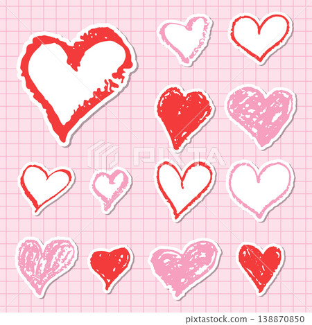 Crayon red and pink heart stickers set on a pink grid paper background. 138870850