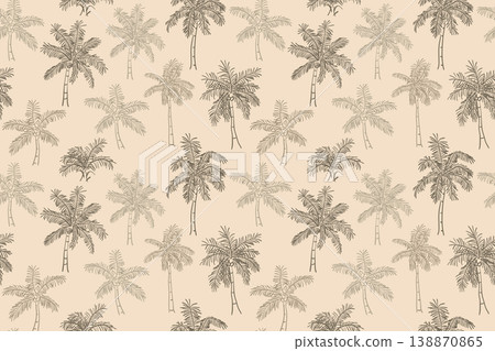 Seamless pattern featuring hand drawn brown palm trees on a beige background. Seamless pattern featuring hand drawn brown palm trees on a beige background. 138870865
