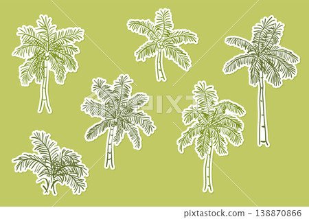 Set of hand drawn green palm tree stickers with white borders on a lime background. 138870866