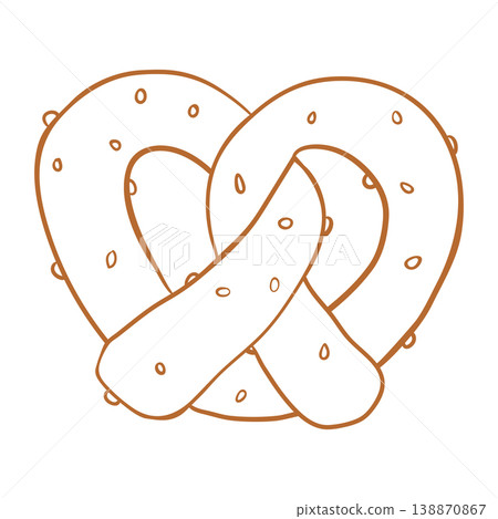 Brown sketch line art of a salted pretzel isolated on a white background. 138870867