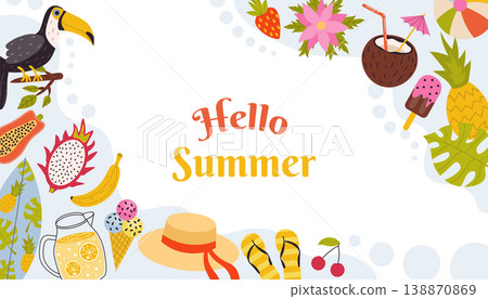 Hello Summer banner with a toucan, tropical fruits, and beach icons with organic shapes on a white. 138870869