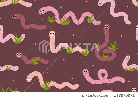 Seamless pattern of cute cartoon pink earthworms on a dark brown background. 138870871