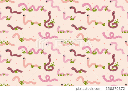 Seamless pattern of cute cartoon pink earthworms on a light peach background. 138870872