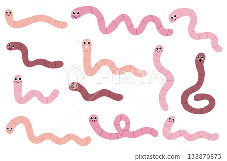 Collection of pink and reddish cartoon earthworm characters isolated on a white background. 138870873