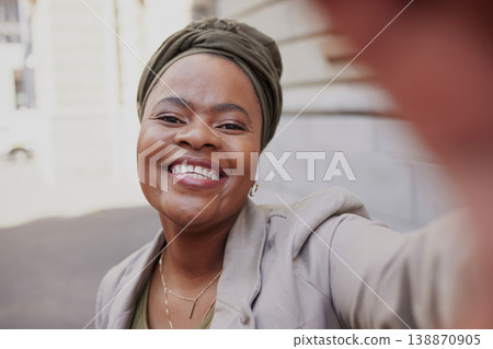 Face, selfie smile and black woman in city taking a photo for profile picture, happy memory or social media. African professional, business or portrait outdoor on street to post on an influencer blog 138870905