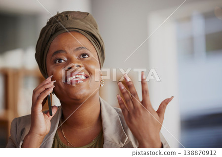 Business, black woman and talking on smartphone for call, communication and networking in office. Face, happy female worker and thinking of cellphone conversation on mobile, contact and consulting Business, black woman and talking on smartphone for call, communication and networking in office. Face, happy female worker and thinking of cellphone conversation on mobile, contact and consulting 138870912