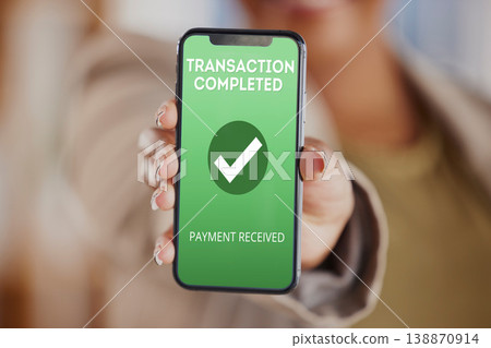 Hands, person and phone screen with transaction completed for ecommerce, finance or digital money. Closeup, smartphone and payment received on mobile, online shopping app or fintech financial service Hands, person and phone screen with transaction completed for ecommerce, finance or digital money. Closeup, smartphone and payment received on mobile, online shopping app or fintech financial service 138870914