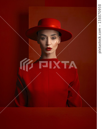 Portrait, fashion and space with a woman in red on a studio background for marketing, advertising or branding. Reverse, style or a trendy young female person standing with empty or blank mockup Portrait, fashion and space with a woman in red on a studio background for marketing, advertising or branding. Reverse, style or a trendy young female person standing with empty or blank mockup 138870938