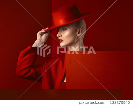 Fashion, woman and red hat with cosmetic or luxury in studio red background with creative retro suit. Style, runway and girl with makeup with vintage clothes with confident, unique and edgy model. Fashion, woman and red hat with cosmetic or luxury in studio red background with creative retro suit. Style, runway and girl with makeup with vintage clothes with confident, unique and edgy model. 138870940