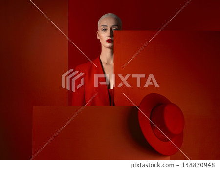 Portrait, fashion and space with a woman on a red background in studio for marketing, advertising or branding. Luxury, aesthetic style or a trendy young model standing with empty or blank mockup Portrait, fashion and space with a woman on a red background in studio for marketing, advertising or branding. Luxury, aesthetic style or a trendy young model standing with empty or blank mockup 138870948