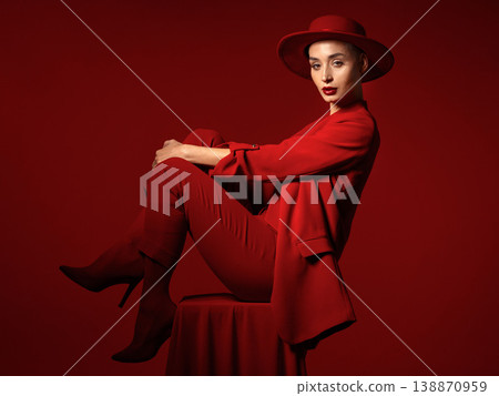 Portrait, fashion and a woman on a chair in studio on a red background for elegant or trendy style. Aesthetic, art and beauty with a young female person sitting in an edgy, classy or unique suit 138870959