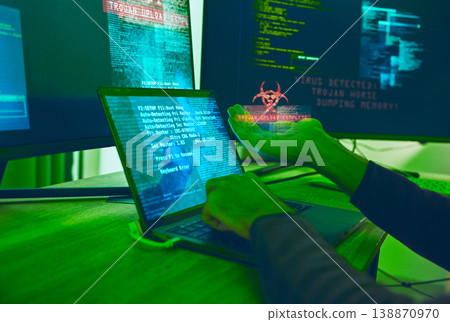 Cybersecurity, crime and hands of hacker with virus in neon office with code, fraud and danger. Software, ransomware and web programmer on cyber attack, password thief coding online scam and hacking. 138870970