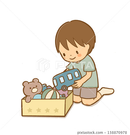 幼兒園/學前班宣傳冊素材:一個男孩正在整理玩具;通訊和書籤採用時尚柔和的顏色。 幼兒園/學前班宣傳冊素材:一個男孩正在整理玩具;通訊和書籤採用時尚柔和的顏色。 138870978