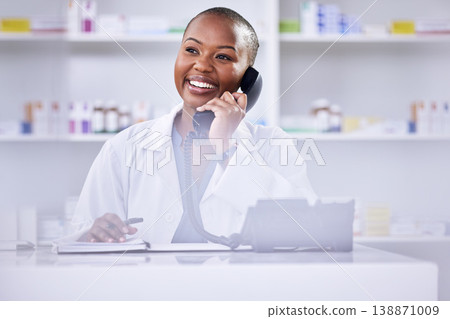 Black woman, pharmacist and phone call on mockup space for Telehealth or consultation at the pharmacy. Happy African female person, medical or healthcare professional talking on telephone at clinic Black woman, pharmacist and phone call on mockup space for Telehealth or consultation at the pharmacy. Happy African female person, medical or healthcare professional talking on telephone at clinic 138871009