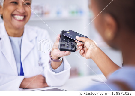 Happy woman, hands and credit card at pharmacy for payment, tap or scan in electronic purchase or buy. Female person, pharmacist or customer in banking, pay or pharmaceutical transaction at drugstore Happy woman, hands and credit card at pharmacy for payment, tap or scan in electronic purchase or buy. Female person, pharmacist or customer in banking, pay or pharmaceutical transaction at drugstore 138871022