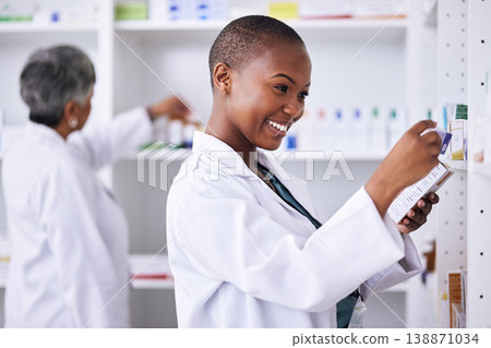 Happy black woman, pharmacist and pills for inventory inspection or checking stock on shelf at pharmacy. African female person in medical healthcare with pharmaceutical product for medication storage 138871034