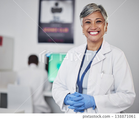 Senior scientist, woman and smile in portrait, medical research and science study in laboratory with confidence. Female doctor, pathology or biotechnology, scientific experiment and investigation Senior scientist, woman and smile in portrait, medical research and science study in laboratory with confidence. Female doctor, pathology or biotechnology, scientific experiment and investigation 138871061