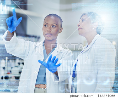 Scientist, women with code and digital information with medical research data results with overlay in lab. Female doctor team, discussion and review science analytics with scientific graphs and chart 138871066