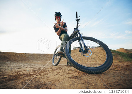 Mountain bike, portrait and with man shaka hand sign on path for extreme sports, happiness and excited mockup. Dirt biking, bicycle and person on trail, track or road space for cycling trick athlete. 138871084