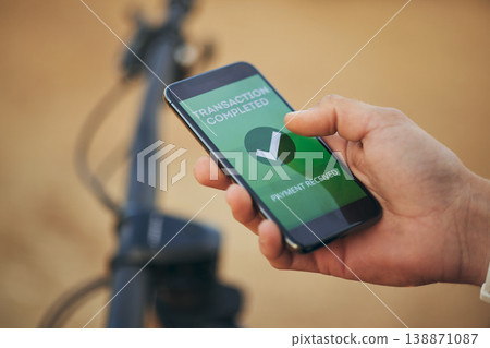 Hands, phone screen and payment notification for transaction, ecommerce or banking outdoor. Fintech, smartphone and person on app for online shopping, internet sales or check mark for digital finance 138871087