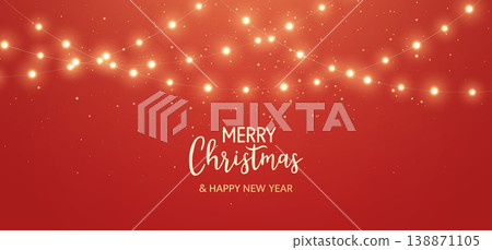 Christmas gold light frame. Fairy bulb red banner. New Year luxury string garland. Winter party background. Led neon baubles. Festive border. Glow lamp bg. Glitter bright. Vector illustration Christmas gold light frame. Fairy bulb red banner. New Year luxury string garland. Winter party background. Led neon baubles. Festive border. Glow lamp bg. Glitter bright. Vector illustration 138871105