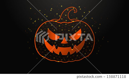 Low poly wireframe Halloween pumpkin jack o lantern on dark background. Low poly wireframe Halloween pumpkin jack o lantern on dark background. 138871118