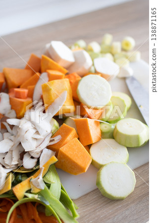 Fresh vegetables on cutting board with zucchini carrot potato and pumpkin 138871165