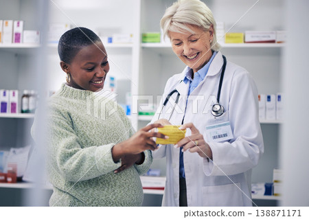 Product, pharmacy and pregnant woman with doctor in store for medicine, prescription and help. Medical, healthcare and consulting with patient and pharmacist shopping for pregnancy and wellness Product, pharmacy and pregnant woman with doctor in store for medicine, prescription and help. Medical, healthcare and consulting with patient and pharmacist shopping for pregnancy and wellness 138871171