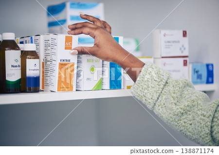 Woman, customer and hands on box for medicine or medical medication on shelf at the pharmacy. Female person or patient shopping pharmaceutical products or drugs for healthcare cure at clinic store Woman, customer and hands on box for medicine or medical medication on shelf at the pharmacy. Female person or patient shopping pharmaceutical products or drugs for healthcare cure at clinic store 138871174
