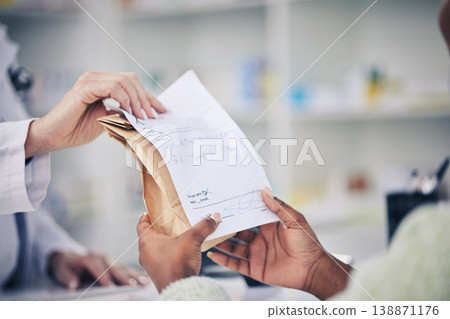 Woman, pharmacist and hands of patient prescription, consultation or quote at the pharmacy. Closeup of female person, medical or healthcare professional giving customer doctors note for diagnosis 138871176