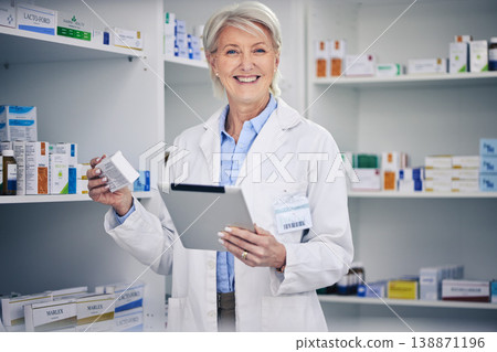 Senior woman, pharmacist stock and tablet portrait with medical work and digital research. Pharmacy, healthcare order and pills with elderly female employee with a smile with telehealth information Senior woman, pharmacist stock and tablet portrait with medical work and digital research. Pharmacy, healthcare order and pills with elderly female employee with a smile with telehealth information 138871196