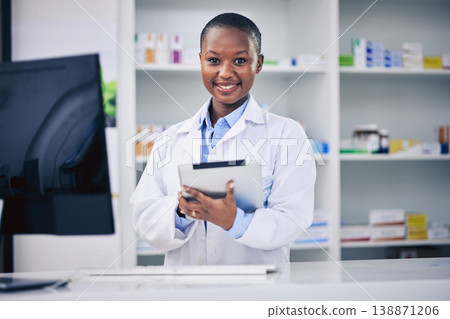 Black woman, tablet and pharmacist with checklist at counter for medicine stock, info and advice on drugs. Digital list, pharmacy and medical professional on online inventory for telehealth at shelf. Black woman, tablet and pharmacist with checklist at counter for medicine stock, info and advice on drugs. Digital list, pharmacy and medical professional on online inventory for telehealth at shelf. 138871206