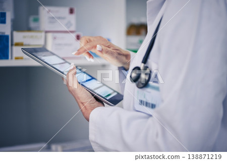 Woman, pharmacist and hands on tablet in medical research, inventory or ecommerce order on pharmacy app. Closeup of person or healthcare professional working on technology for telehealth or checklist Woman, pharmacist and hands on tablet in medical research, inventory or ecommerce order on pharmacy app. Closeup of person or healthcare professional working on technology for telehealth or checklist 138871219