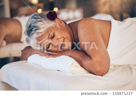 Senior woman, sleeping and relax in massage for spa treatment, body care and physical therapy at resort. Calm elderly female person smile and relaxing on salon bed for zen, stress relief or getaway Senior woman, sleeping and relax in massage for spa treatment, body care and physical therapy at resort. Calm elderly female person smile and relaxing on salon bed for zen, stress relief or getaway 138871237