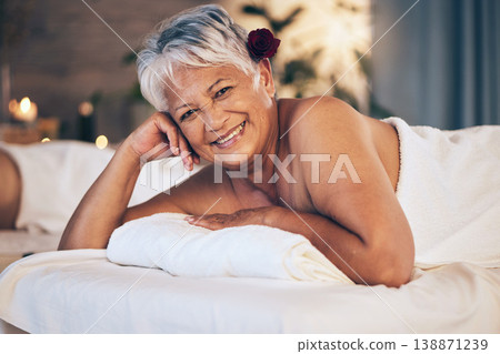 Senior woman, massage and portrait with luxury treatment in retirement with a smile. Female person, beauty salon and spa room together with cosmetics, wellness and happy from peace and hospitality Senior woman, massage and portrait with luxury treatment in retirement with a smile. Female person, beauty salon and spa room together with cosmetics, wellness and happy from peace and hospitality 138871239