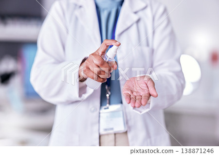 Scientist, hands and spray, sanitizer and hygiene with medical research and person cleaning palm in lab. Doctor, safety from bacteria and virus with health, protection and chemical disinfectant Scientist, hands and spray, sanitizer and hygiene with medical research and person cleaning palm in lab. Doctor, safety from bacteria and virus with health, protection and chemical disinfectant 138871246