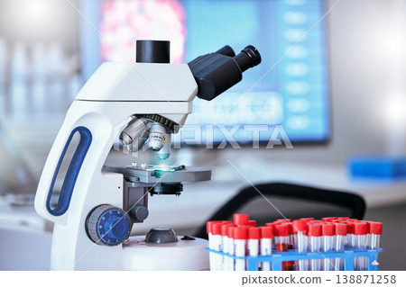 Medical, blood sample and microscope in laboratory for research, DNA testing and examination. Healthcare, biotechnology and science equipment for vaccine development, analysis and medicine discovery Medical, blood sample and microscope in laboratory for research, DNA testing and examination. Healthcare, biotechnology and science equipment for vaccine development, analysis and medicine discovery 138871258