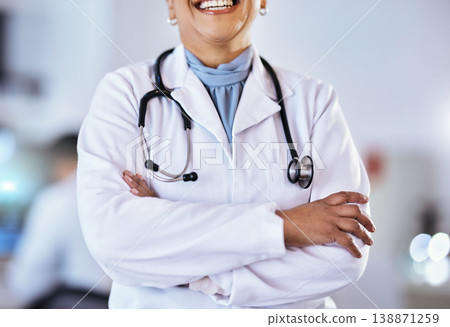 Doctor, arms crossed and stethoscope of a woman in a hospital for healthcare or cardiology. Closeup of a professional female medical worker ready for consultation, medicine and health check up Doctor, arms crossed and stethoscope of a woman in a hospital for healthcare or cardiology. Closeup of a professional female medical worker ready for consultation, medicine and health check up 138871259