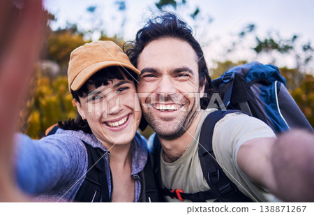 Hiking, selfie and portrait couple on mountain for adventure, holiday and freedom outdoors. Travel, dating and happy man and woman smile for picture to explore, trekking and backpacking in nature Hiking, selfie and portrait couple on mountain for adventure, holiday and freedom outdoors. Travel, dating and happy man and woman smile for picture to explore, trekking and backpacking in nature 138871267