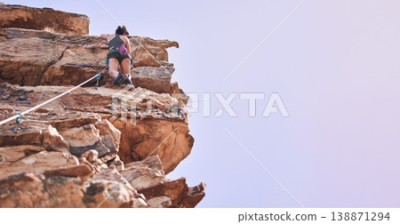 Rock climbing, space and mountains with woman in nature for sports, banner and adventure. Fitness, exercise and travel with person training on cliff for rope, challenge and performance mockup Rock climbing, space and mountains with woman in nature for sports, banner and adventure. Fitness, exercise and travel with person training on cliff for rope, challenge and performance mockup 138871294