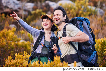 Hiking, travel and couple pointing on mountain for adventure, holiday and sightseeing journey in nature. Happy, dating and excited man and woman walking to explore, trekking and backpacking outdoors 138871312