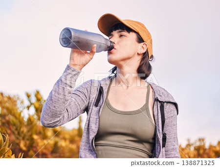 Thinking, sports and woman drinking water in nature for wellness, health and after training. Hydration, idea and an athlete with a bottle to drink after running, workout or cardio on the mountain 138871325