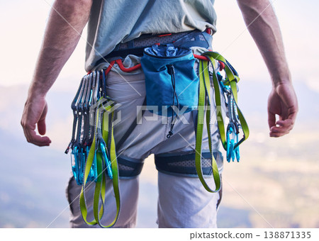Nature, rock climbing and man with gear and harness for adventure, freedom and sports on mountain. Fitness, hiking and male person with equipment and chalk bag for training, activity and challenge Nature, rock climbing and man with gear and harness for adventure, freedom and sports on mountain. Fitness, hiking and male person with equipment and chalk bag for training, activity and challenge 138871335