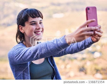Travel selfie, hiking and woman on mountains for fitness, cardio health and adventure on social media. Happy person from Australia with photography or profile picture in nature, trekking or training Travel selfie, hiking and woman on mountains for fitness, cardio health and adventure on social media. Happy person from Australia with photography or profile picture in nature, trekking or training 138871354