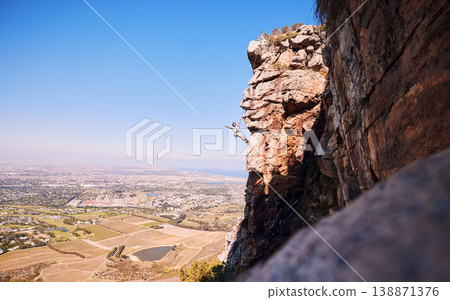 Sports, rock climbing and space with man on mountain for fitness, adventure and challenge. Fearless, workout and hiking with person on training cliff for travel, freedom and exercise mockup Sports, rock climbing and space with man on mountain for fitness, adventure and challenge. Fearless, workout and hiking with person on training cliff for travel, freedom and exercise mockup 138871376