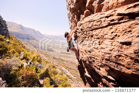 Fitness, rock climbing and explore with woman on mountain for sports, adventure and challenge. Health, workout and hiking with person training on cliff for travel, freedom and exercise mockup Fitness, rock climbing and explore with woman on mountain for sports, adventure and challenge. Health, workout and hiking with person training on cliff for travel, freedom and exercise mockup 138871377