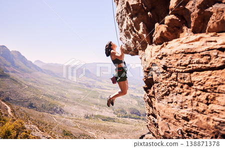 Nature, rock climbing and space with woman on mountain for fitness, adventure and challenge. Health, workout and hiking with person training on cliff for travel, freedom and exercise mockup Nature, rock climbing and space with woman on mountain for fitness, adventure and challenge. Health, workout and hiking with person training on cliff for travel, freedom and exercise mockup 138871378